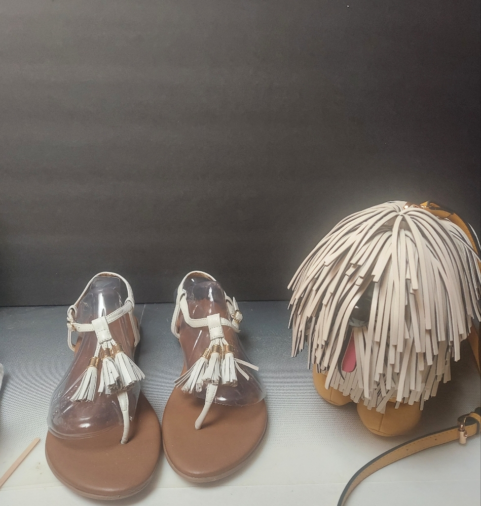White Tassel Sassy Chic Sandals Trendy Fringe Shaggy Dog Crossbody Bag